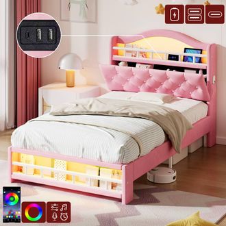 Matteo Single Pink Velvet LED Bed Frame - Diamond Tufted, USB & Storage