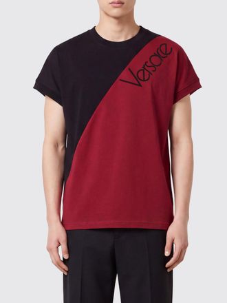 Versace T-shirt in cotone stretch con logo a contrasto e spalle scese