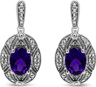 House of Brilliance Silver Diamond Accent and 8x6mm Purple Oval Amethyst Stud Earrings in White at Nordstrom