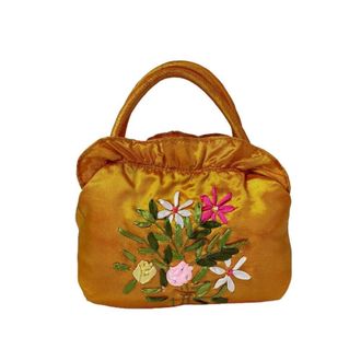 Generic Ethnic Style Tote Bag, Small Purse Wallet, Embroidery Flower Satin Silk Handbag, Zipper Flower Wrist Bag for Women Phone Cosmetic(yellow)