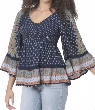 Angie Vneck Smocked Print Top In Blue
