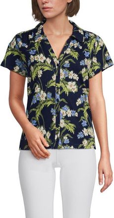 Lands End Linen Blend Short Sleeve Button Front Polo Top in Deep Sea/blue Floral Tropic at Nordstrom, Size X-Large