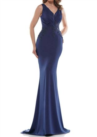 Colors Dress V-Neck Wrap Bodice Gown In Navy