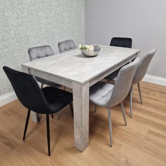 Kosy Koala Stone Grey Effect Wood Dining Table Set With 6 Mixed Velvet Chairs Dining Room Furniture in Brown