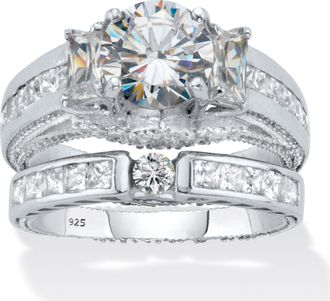 Palm Beach Jewelry 3.80 Cttw. Round Cut CZ Platinum Over Silver 2 Piece Bridal Ring Set