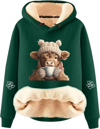 Generic WomenS Christmas Tops Fleece Lined Sherpa Hoodie Women Xmas Jumpers Christmas Sweatshirts Highland Cow Sweatshirt Cute Cowgirl Xmas Farm Sweatshirt To
