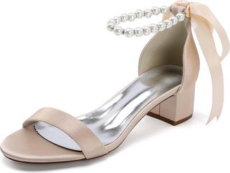 Generic Wedding Pearls Block Heels Sandals Open Toe Ankle Strap Bridal Evening Party Summer Satin Low Heel Shoes 4.5Cm,Champagne,10 UK