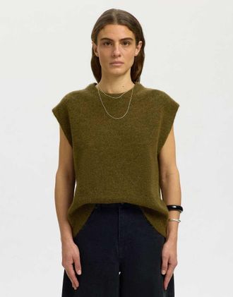 Selected Lulu gilet in denim lavorato a maglia con girocollo, vestibilit&agrave; comoda, marrone-Verde