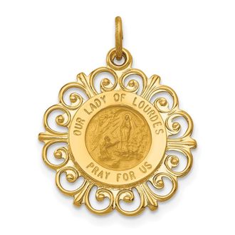 Diamond2Deal 14k Yellow Gold Satin Solid Our Lady of Lourdes Medal Scalloped Edge Pendant