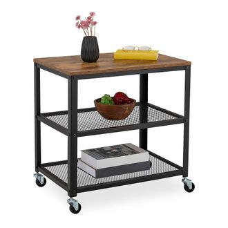 Relaxdays Carrito Auxiliar Con Ruedas, 3 Niveles, Dise&ntilde;o Industrial, 61x60x40 Cm, Camarera, Acero Y Mdf, Negro/marr&oacute;n - Relaxdays