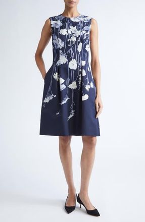 Lela Rose Betsy Floral Faille Fit & Flare Dress in Navy Multi at Nordstrom, Size 14