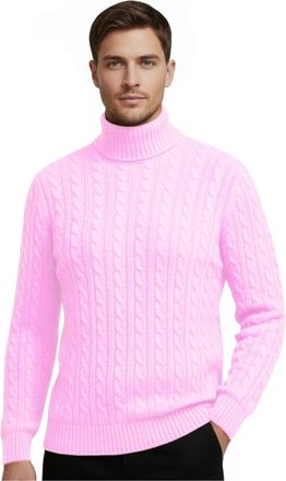Janisramone Mens High Polo Roll Neck Jumper, Long Sleeve Cable Knitted Pullover Winter Jumpers for Men UK, Casual Turtle Neck Sweaters Baby Pink