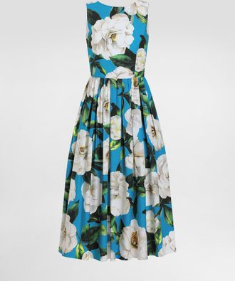Dolce & Gabbana Cotton Calf-length Babydoll Dress With Gardenia Print - Woman Dresses Print 36