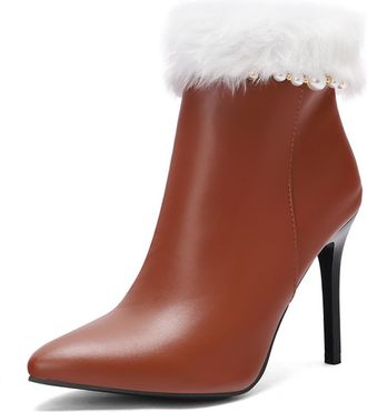 Generic Womens Elegant Pointed Toe PU Leather Ankle Boots with Fluffy Fur Trim Pearl Detail Stiletto Heels Comfortable Anti-Slip Wear-Resistant for Daily Casu