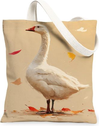 Generic Autumn Goose Canvas Tote Bags, Elegant Bird Design Reusable Shopping Bags, Lightweight Washable Eco-Friendly Shoulder Strap, White, 13x15 Inch