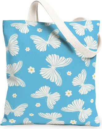 Generic Butterfly Floral Canvas Tote Bags, Chic Insect Pattern Reusable Grocery Bags, Spring Lightweight Washable Shoulder Strap Ca, Blue, 13x15 Inch