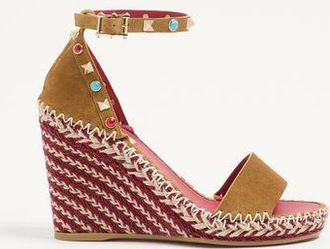 Valentino Garavani Rockstud Double Wedge Sandal in Split Leather with Cabochon Stones 105mm Woman HAVANA BEIGE 34