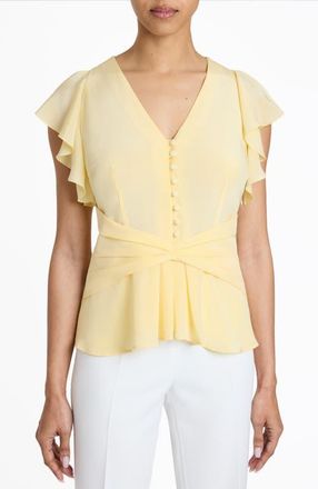 Santorelli ELLA Silk Flutter Sleeve Buttoned Blouse with Waist Panel in Chamomile at Nordstrom, Size 14Short