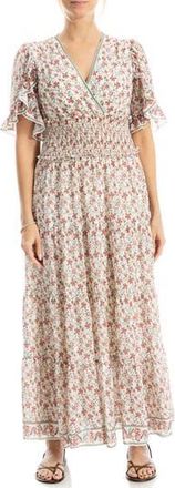 Max Studio V-Neck Flutter Sleeve Smocked Waist Maxi Dress in Cream/Berry Floral Swing at Nordstrom Rack, Size X-Small