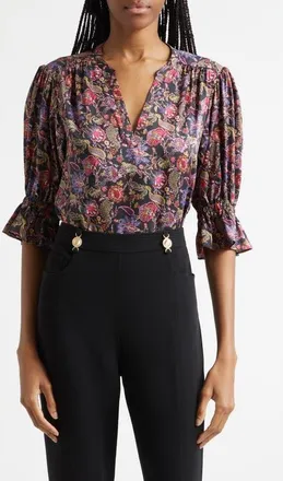 Cinq &agrave; Sept Paisley Eclipse Print Split Neck Top in Black Multi at Nordstrom, Size Xx-Small