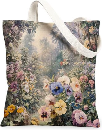 Generic Spring Aesthetic Pansy Canvas Tote Bag for Shopping 13x15, Vintage Flower Garden Reusable Grocery Print Bag for Women Men, Floral Wildflower Aesthetic