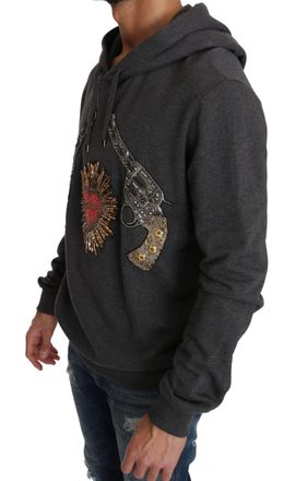 Dolce & Gabbana Gray Hooded Red Crystal Heart Gun Mens Sweater