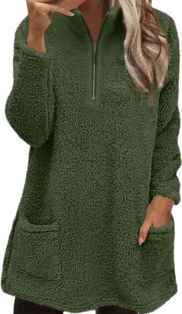 Generic Womens Fleece Jumper Half Zip Fluffy Pullover Jumpers Long Sleeve Oversized Sweatshirts Thick Fuzzy 1/4 Zip Up Warm Stand Collar Soft Longline Tops wi