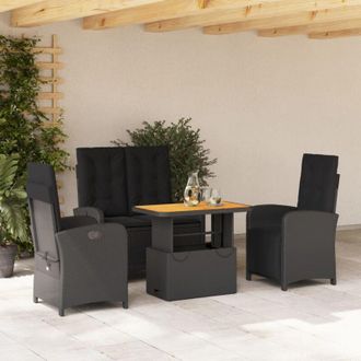 vidaXL Juego Comedor Jard&iacute;n 4 Piezas Con Cojines Rat&aacute;n Sint&eacute;tico Negro Vidaxl