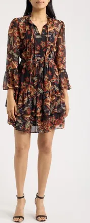 Julia Jordan Floral Bell Sleeve Chiffon Dress in Black Multi at Nordstrom, Size 14