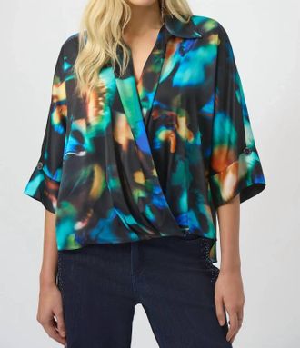 Joseph Ribkoff Abstract Print V-Neck Satin Top In Black/multi