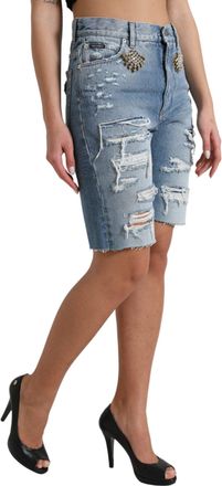 Dolce & Gabbana Womens Blue Tattered Embellished Bermuda Shorts