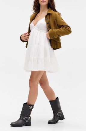 BDG Aria Embroidered Tiered Cotton Babydoll Dress in White at Nordstrom, Size Medium