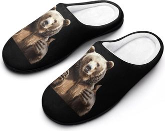 Generic Gray Bear Cotton Womens Slip-on Slippers Winter Warm House Shoes with Rubber Sole for Home Office Hotel
