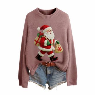 Generic Xmas Jumpers for Women UK Christmas Fashion 3D Print Womens Knitted Jumpers Long Sleeves Ladies Xmas Sweaters Winter Warm Fleece Pullover Sweaters Com