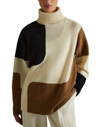 Reiss Ezra Color Block Roll Neck Wool & Cashmere-Blend Sweater
