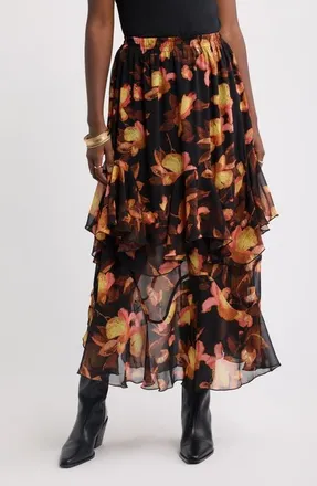Treasure & Bond Tiered Chiffon Maxi Skirt in Black- Pink Bold Petals at Nordstrom, Size Xx-Large