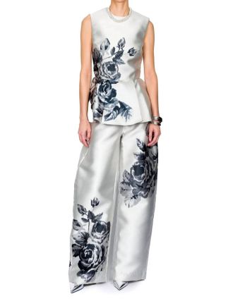 Marques Almeida Flower Printed Round Neck Waisted Top In Silver