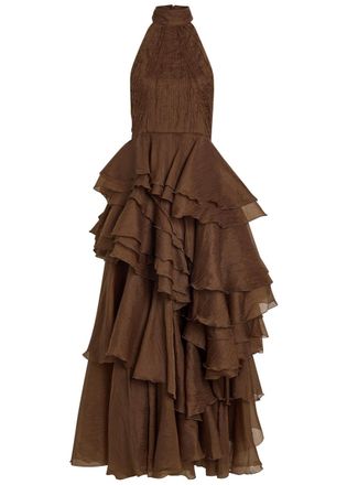Aje Aje Fayette Halterneck Ruffled Chiffon Gown - Dark Brown - 14 (UK14 / L)