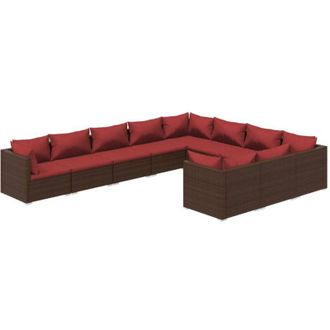 vidaXL Set Muebles De Jard&iacute;n 10 Piezas Cojines Rat&aacute;n Sint&eacute;tico Marr&oacute;n Vidaxl