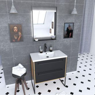 Aurlane Aurlane - Mobile da bagno 80x50 cm - lavabo bianco 80x50 cm - 2 cassetti nero opaco + specchio led