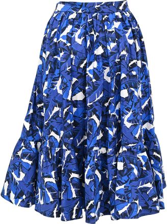 Msgm Leaf-Print Midi Tiered Skirt in Blue Cotton