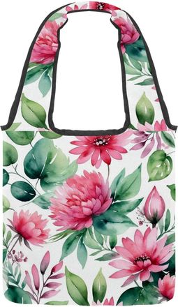 Generic Pink Flowers with Leaves Reversible Canvas Shoulder Tote - Double-Sided Print, 12oz Cotton, 27cm Drop, Fold-Flat Bag for Travel, Shopping, Street Outi