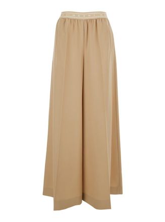 Marni Beige Pants With Elastic Waist And Logo Lettering In Wool Woman