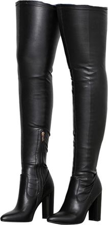 Generic Black,5.5 UK,Womens Leather PU Thigh High Boots Pointed Toe Chunky Block Heels Tall Boot Side Zipper Over The Knee Boot Fall Winter Dress Shoes