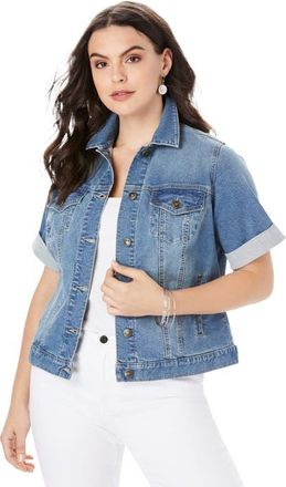 Roaman's Plus Size Short Sleeve Stretch Denim Jacket in Medium Wash at Nordstrom, Size 38