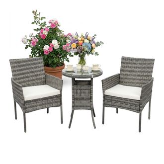Relaxdays Relaxdays, Set De Jard&iacute;n 3 Piezas De Rat&aacute;n, Para 2 Personas, 2 Sillones & Mesa De Cristal, Muebles Lounge Exterior, Gris