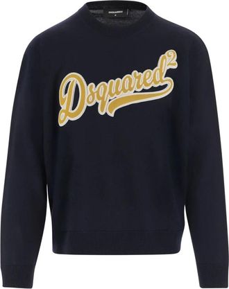 Dsquared2 Wollen Logo Trui Marineblauw Geel - Heren - Ronde hals truien - Blauw - L - Wol - Truien & Vesten