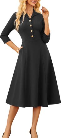 Grace Karin Womens Elegant Collared Swing Dress 3/4 Length Sleeves Metal Button Front Formal Black L