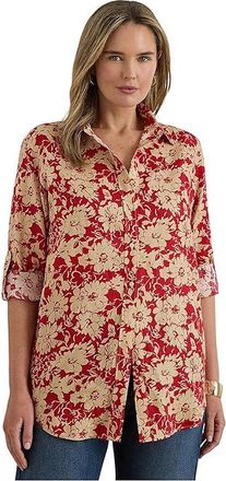 Lauren Ralph Lauren Plus Size Relaxed Fit Floral Linen Shirt Womens Clothing Red/Tan : 2X