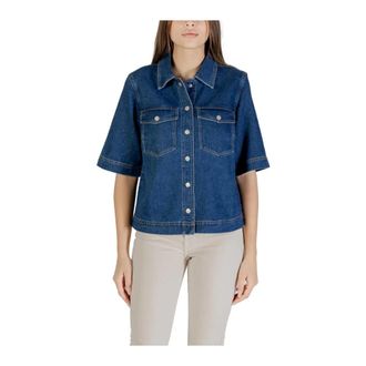 Only Blauw Katoenen Ronde Hals Shirt - Dames - Spijkeroverhemden - Blauw - S - Katoen - Overhemden